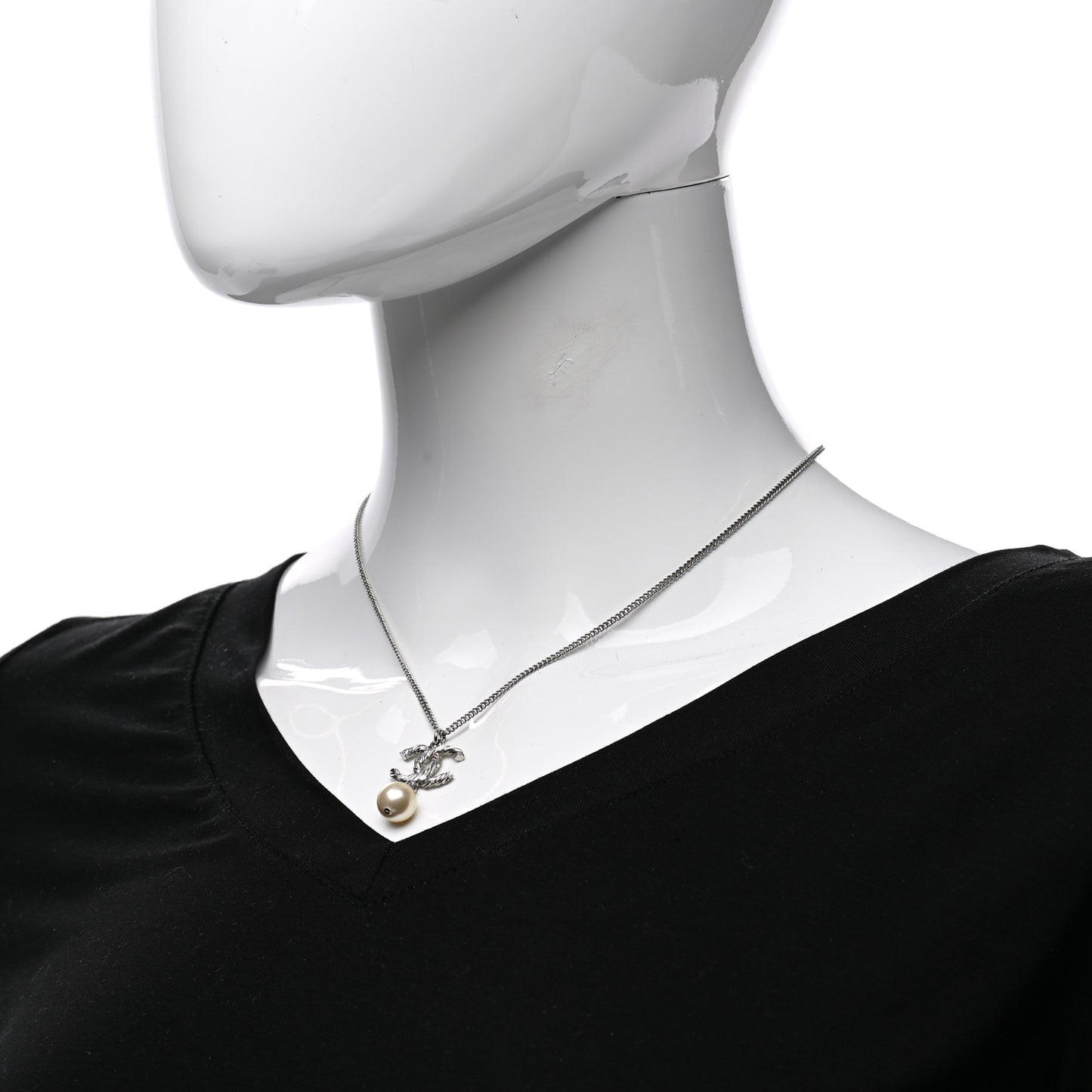 Crystal Pearl Twisted CC Drop Necklace Silver