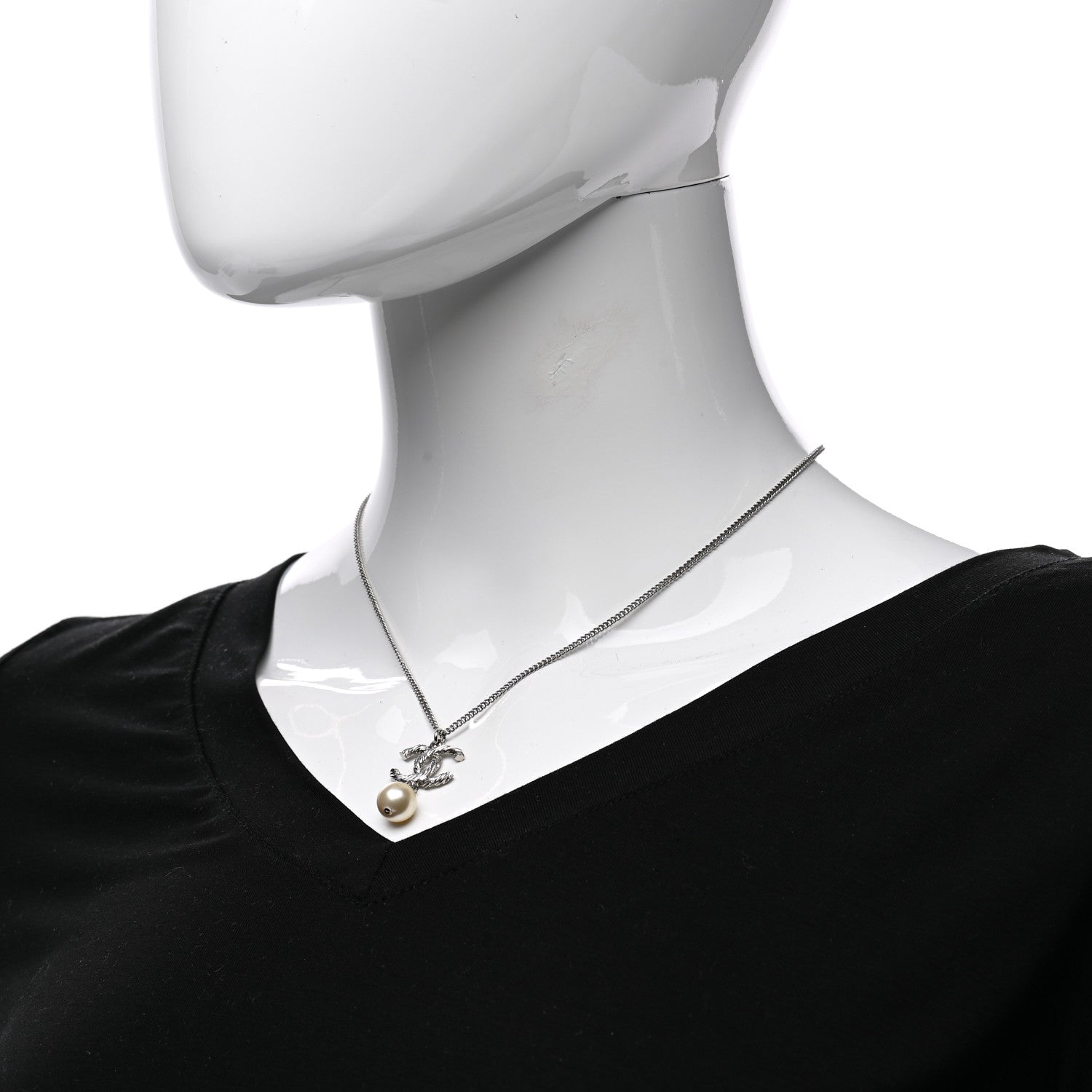 Chanel Crystal Pearl Twisted CC Drop Necklace Silver 2 of 5