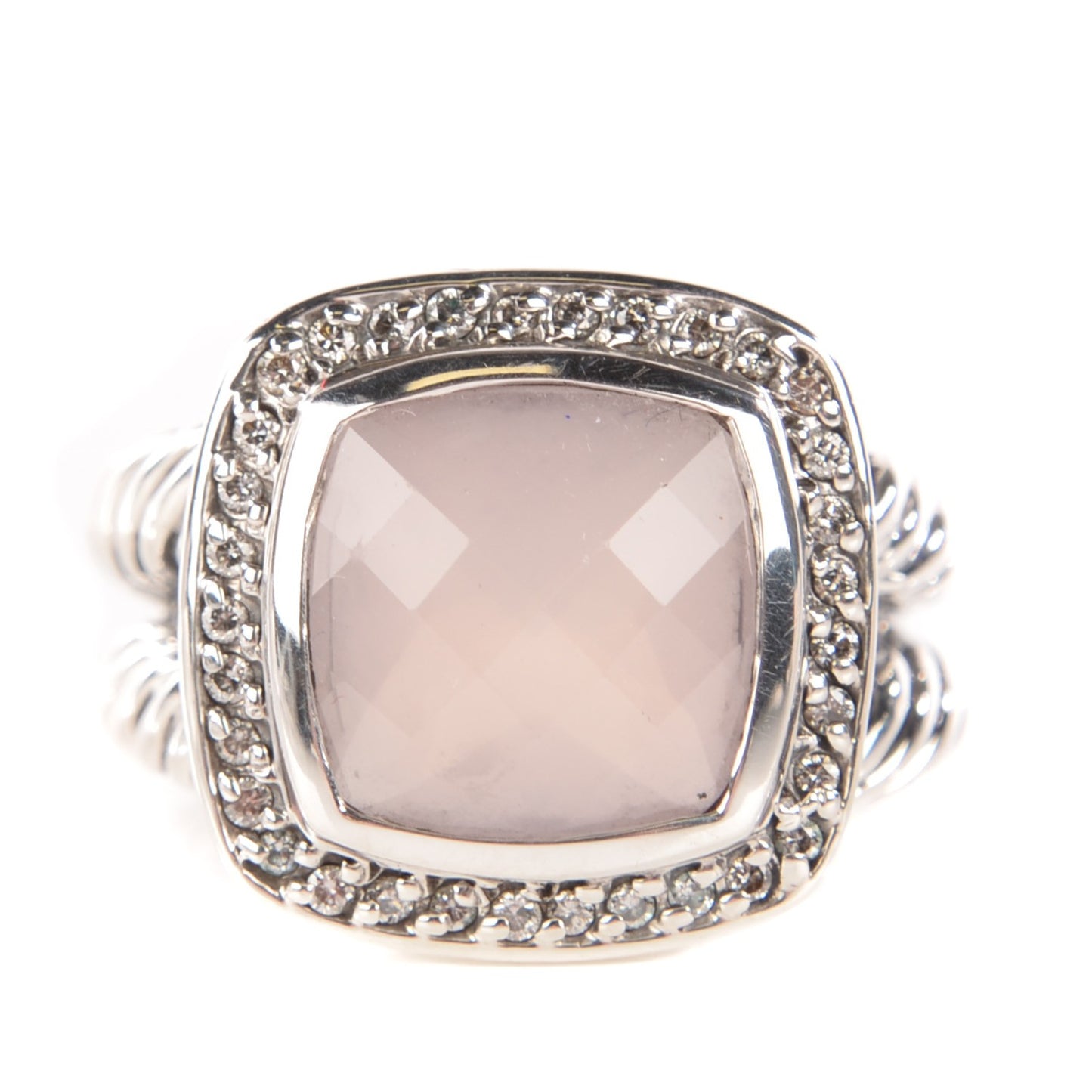 Sterling Silver Rose Quartz Pave Diamond 11mm Albion Ring 6.5