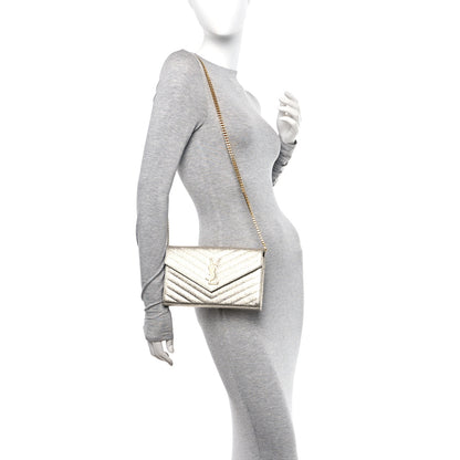 Saint Laurent Metallic Crackled Calfskin Matelasse Chevron Monogram Chain Wallet Gold 2 of 17