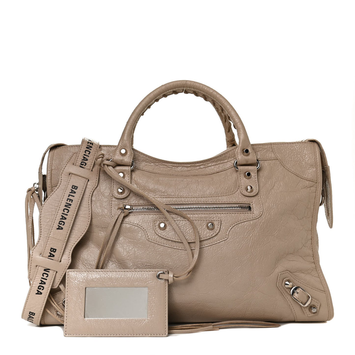 Agneau Classic Silver Hardware City Logo Strap Light Beige Black
