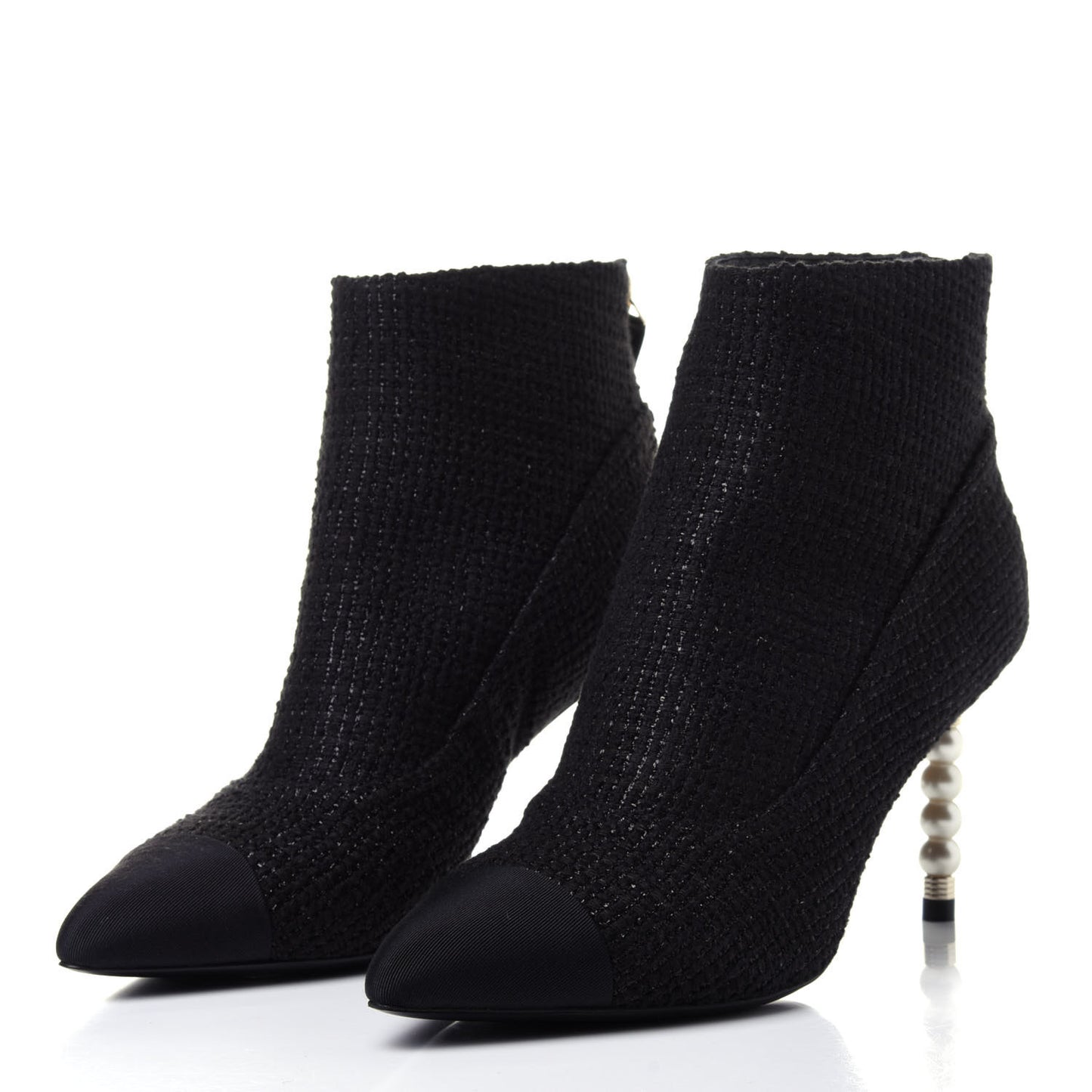 Tweed Grosgrain Pearl Cap Toe Short Boots 36.5 Black