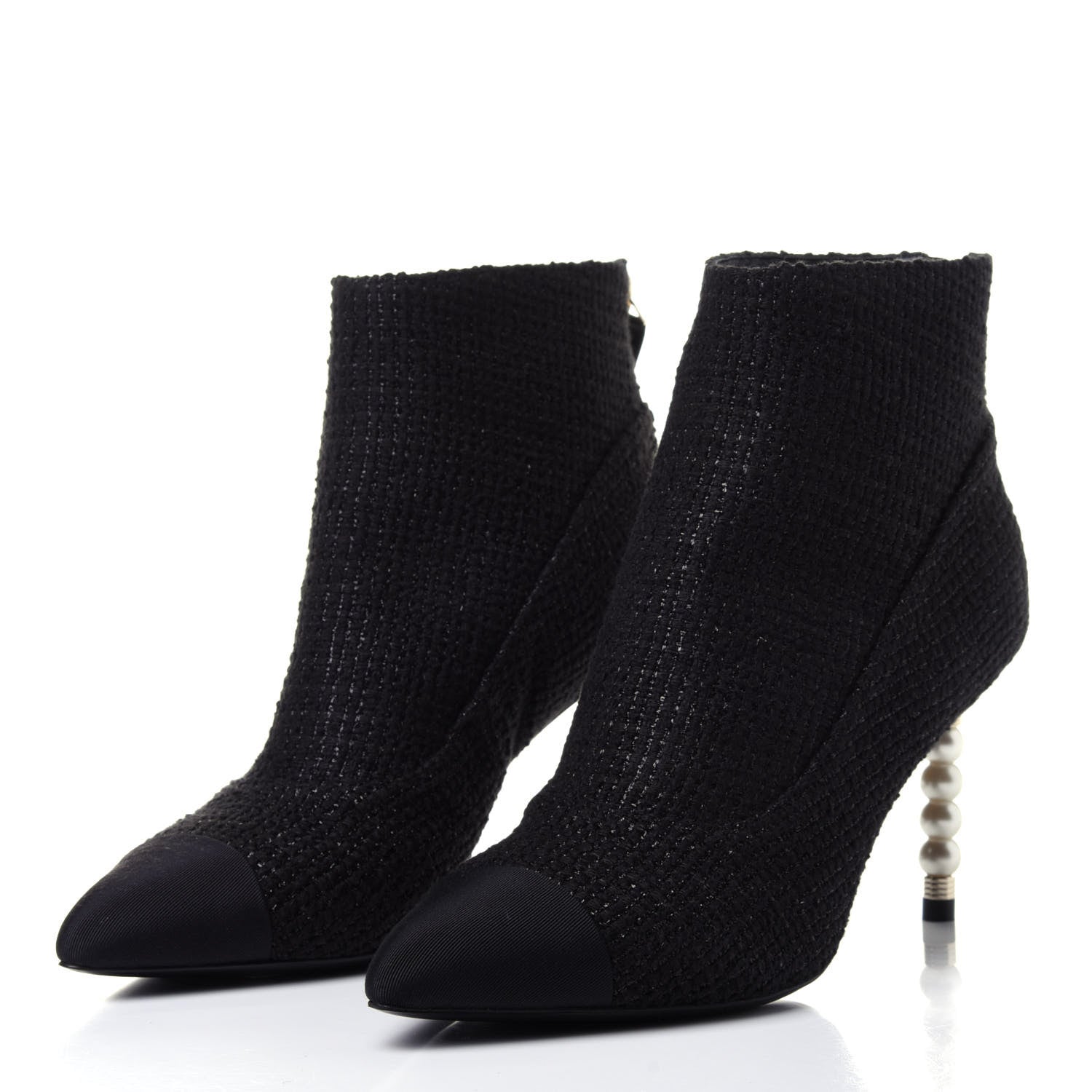 Chanel Tweed Grosgrain Pearl Cap Toe Short Boots 36.5 Black 2 of 5