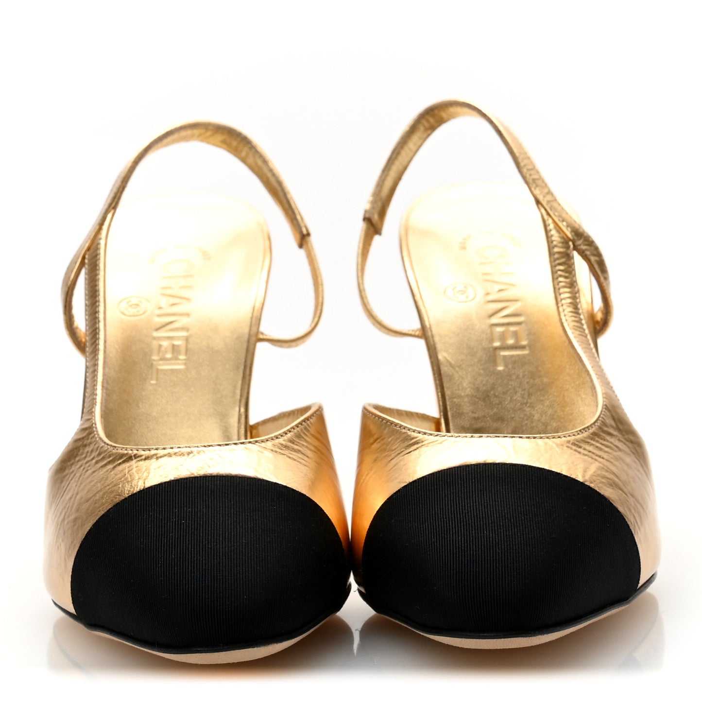 Laminated Crumpled Lambskin Grosgrain Cap Toe CC Slingback Pumps 39.5 Gold Black