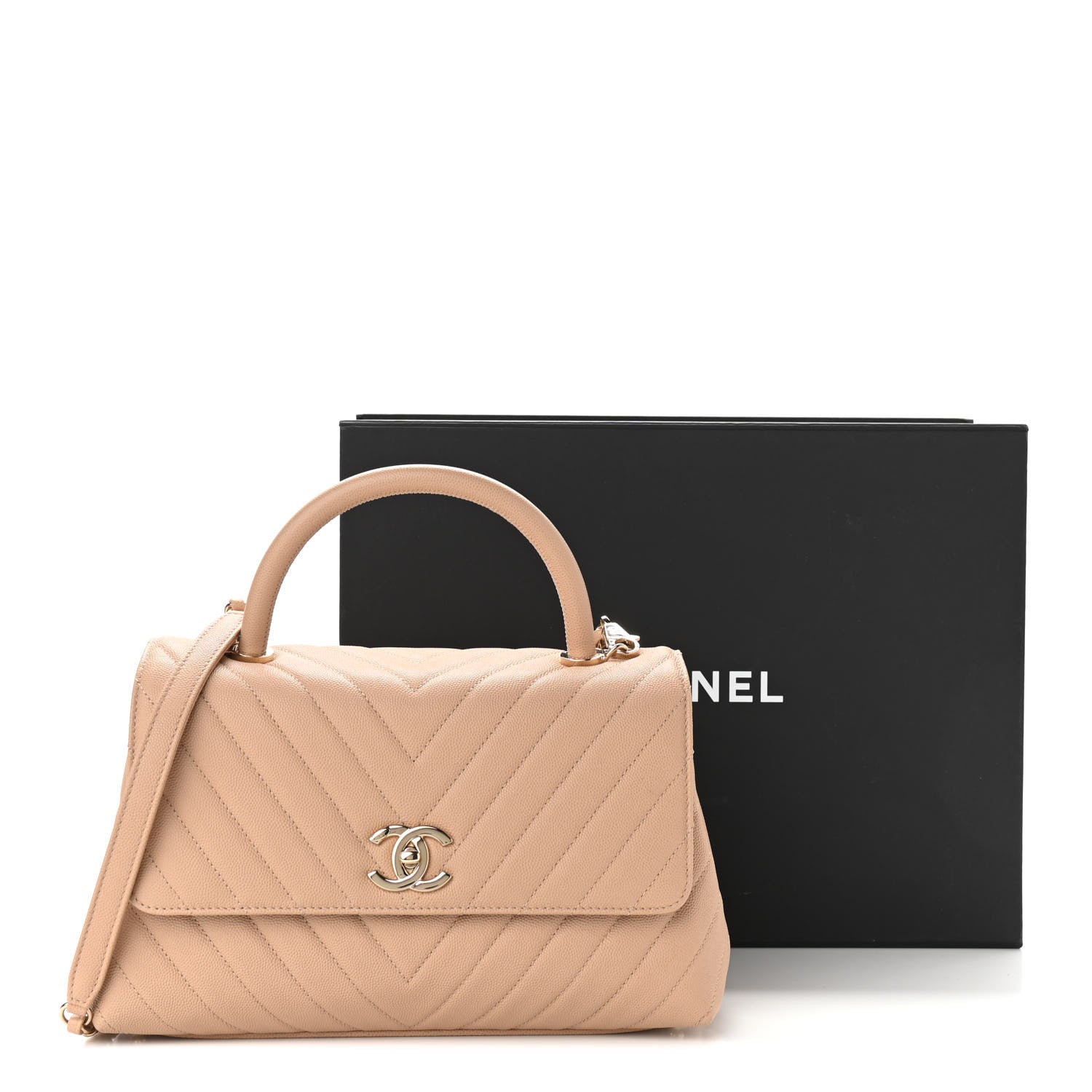 Chanel Caviar Chevron Quilted Small Coco Handle Flap Beige 11 of 11