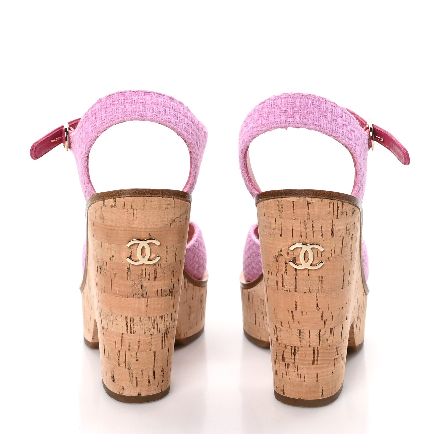Chanel Tweed Cork CC Wedge Sandals 38 Pink 5 of 10
