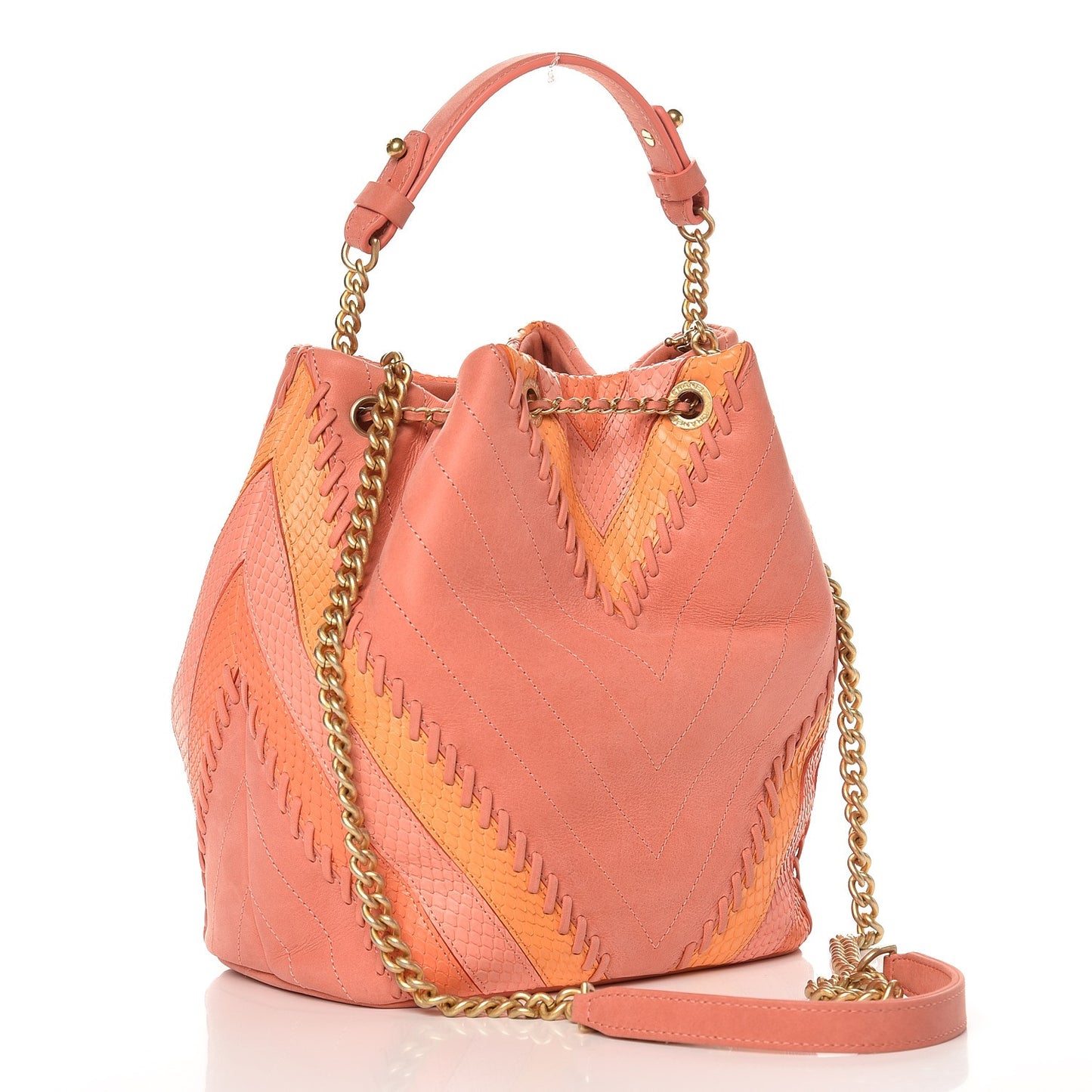 Iridescent Calfskin Python Patchwork Chevron Drawstring Bag Coral