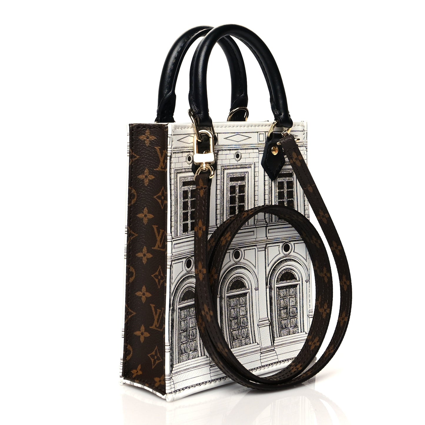 X FORNASETTI Calfskin Architettura Petit Sac Plat Black White