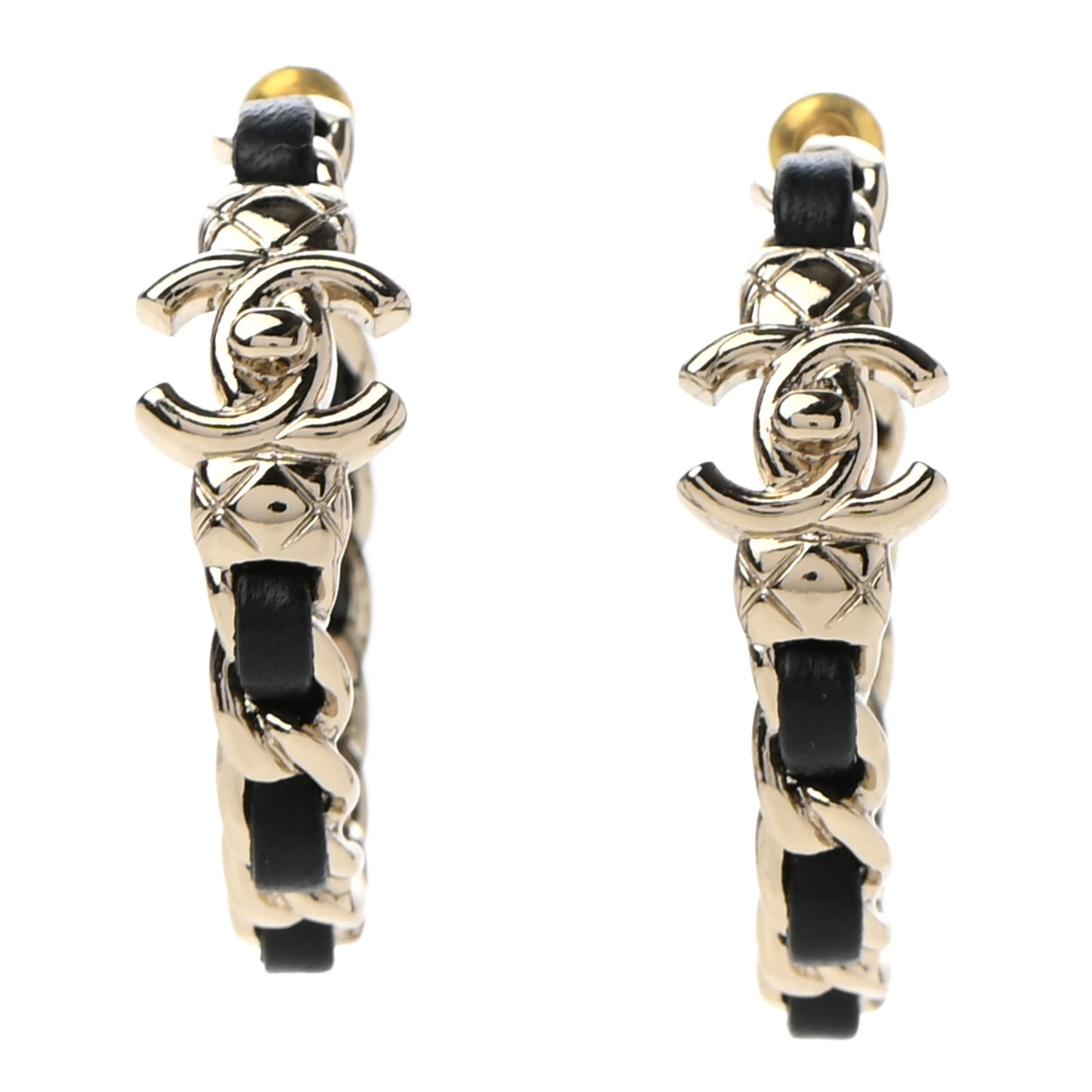Metal Lambskin Quilted CC Turnlock Chain Hoop Earrings Gold Black