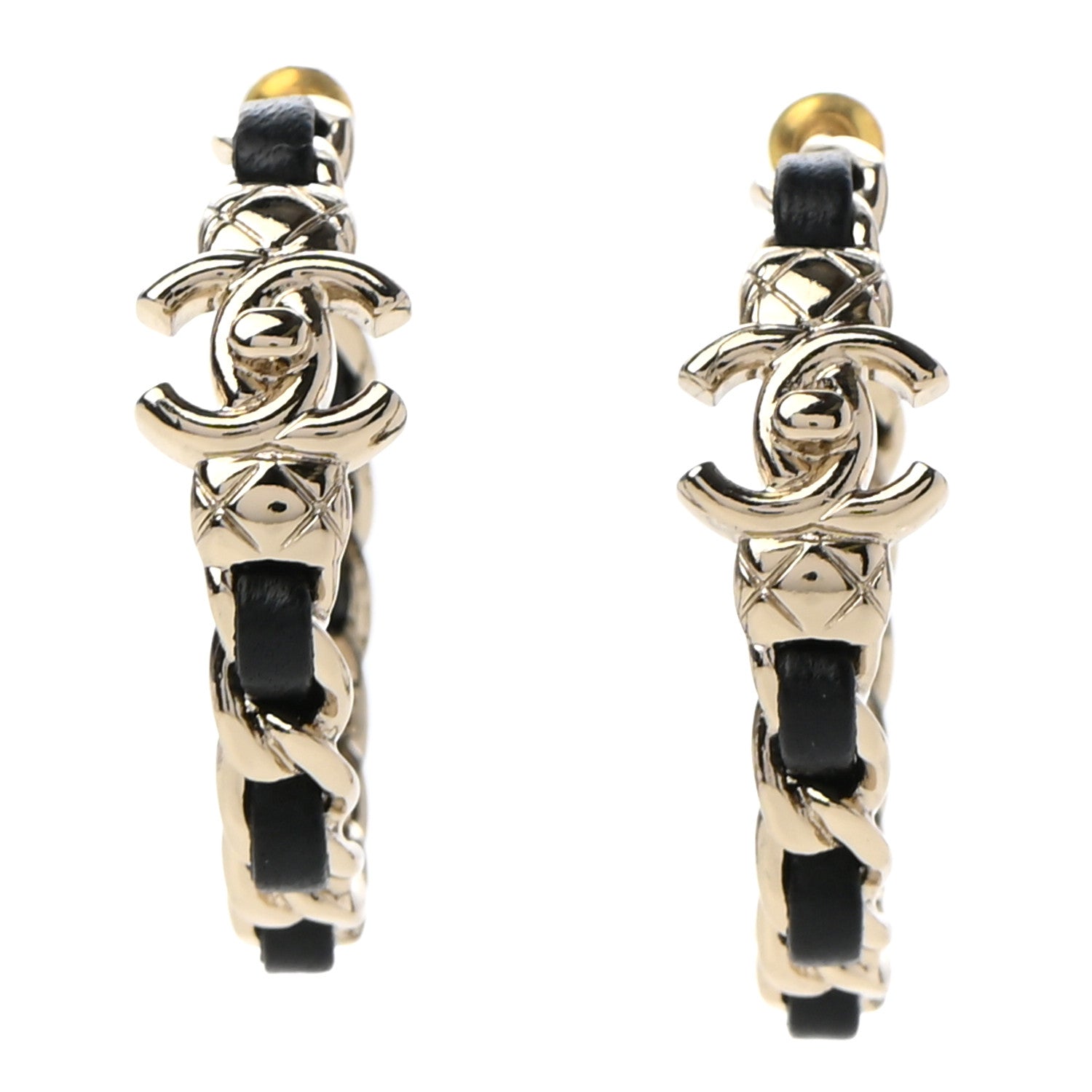 Chanel Metal Lambskin Quilted CC Turnlock Chain Hoop Earrings Gold Black 1 of 5