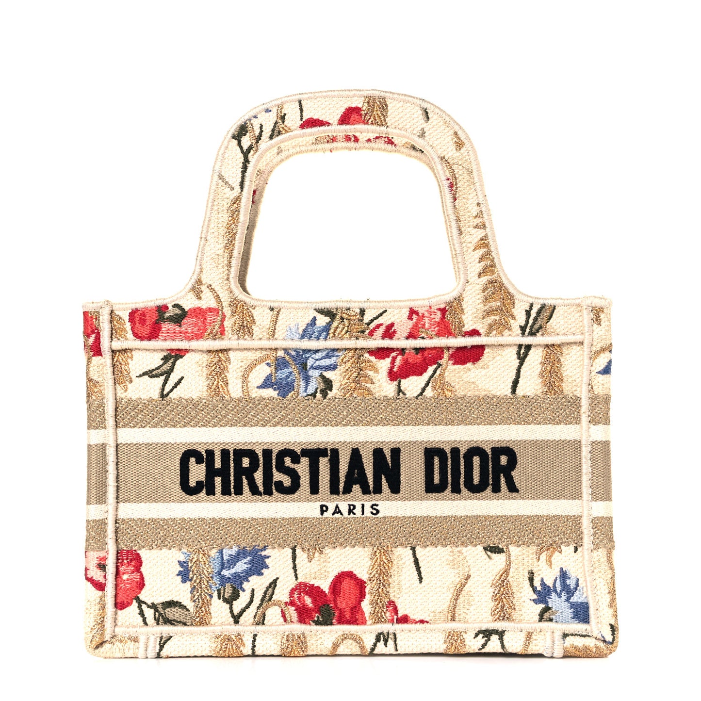 Canvas Embroidered Hibiscus Printed Mini Book Tote Beige Multicolor