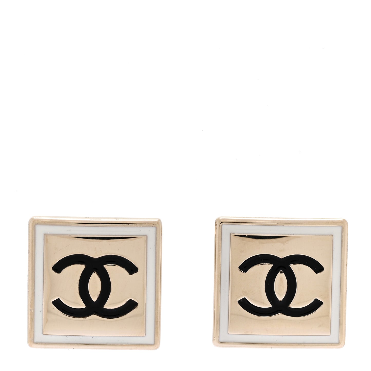 Metal Enamel CC Square Earrings Gold Black White