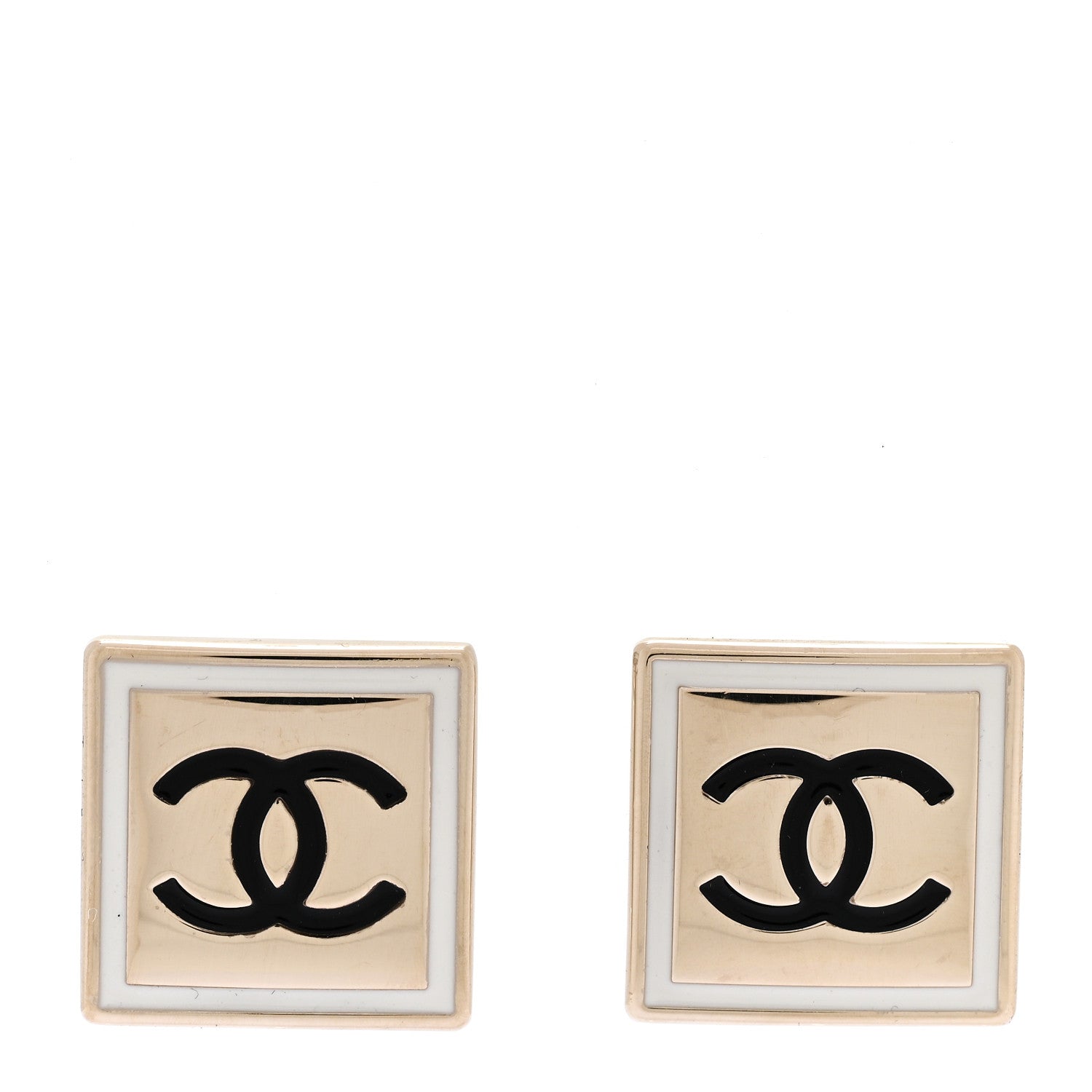 Chanel Metal Enamel CC Square Earrings Gold Black White 1 of 5