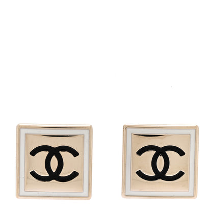 Chanel Metal Enamel CC Square Earrings Gold Black White 1 of 5