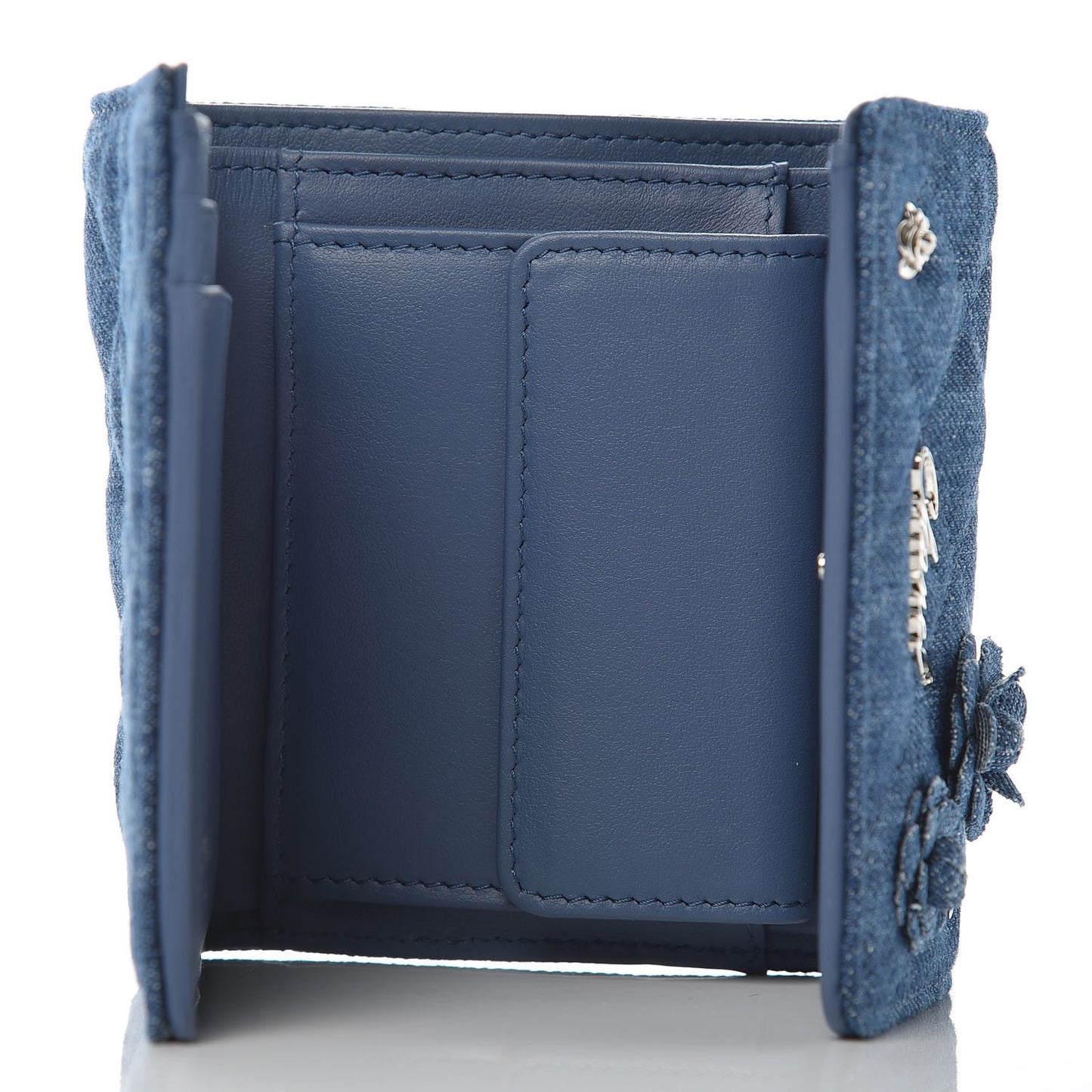 Denim Quilted Small Camellia Flap Wallet Blue