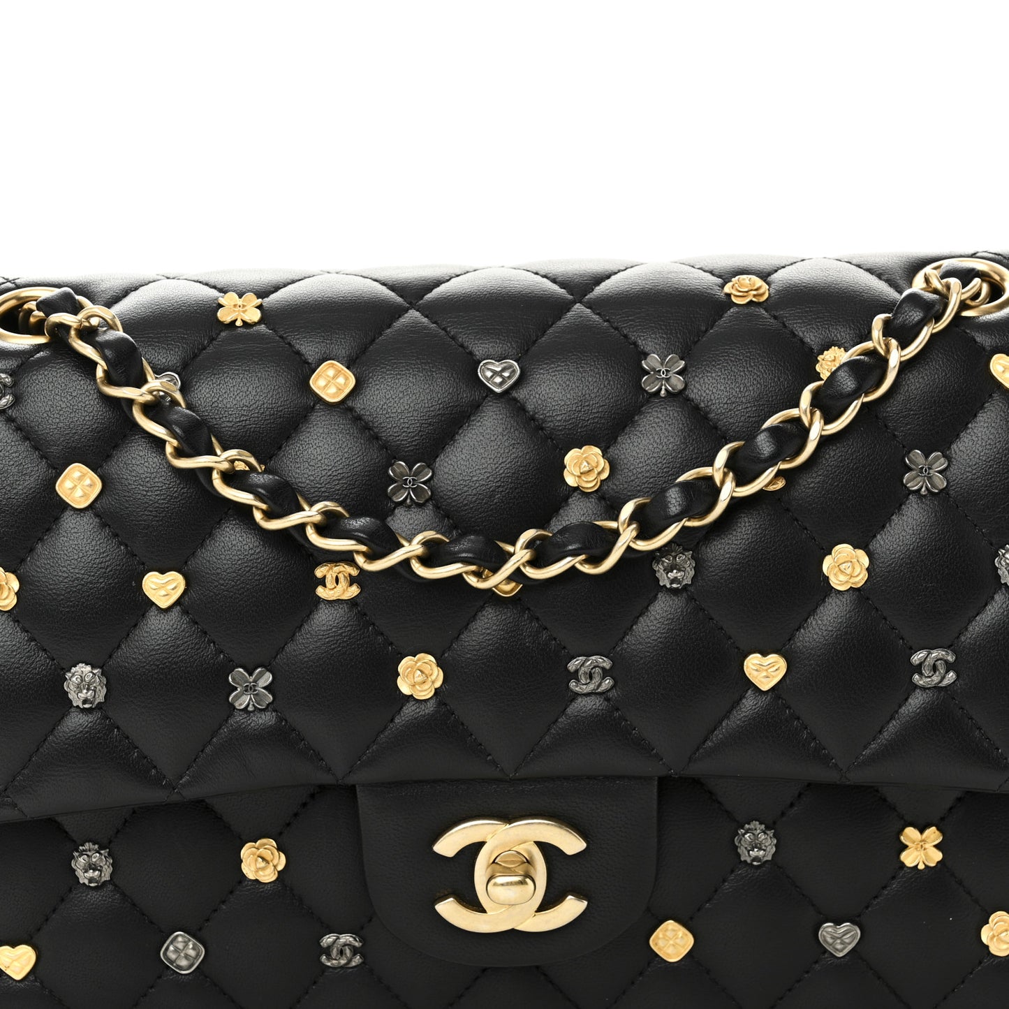 Lambskin Quilted Studded Medium Double Flap Black