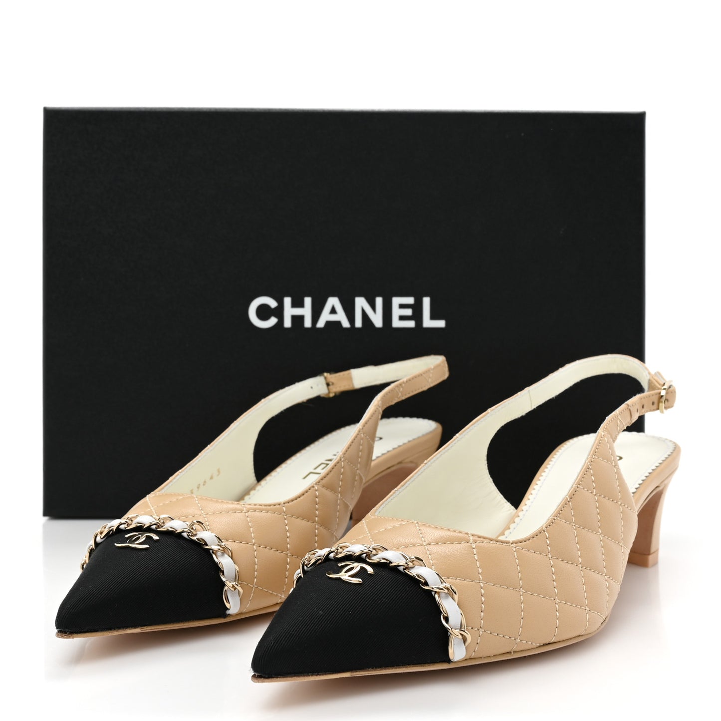 Lambskin Grosgrain Quilted Cap Toe CC Chain Slingback Pumps 38.5 Beige Black