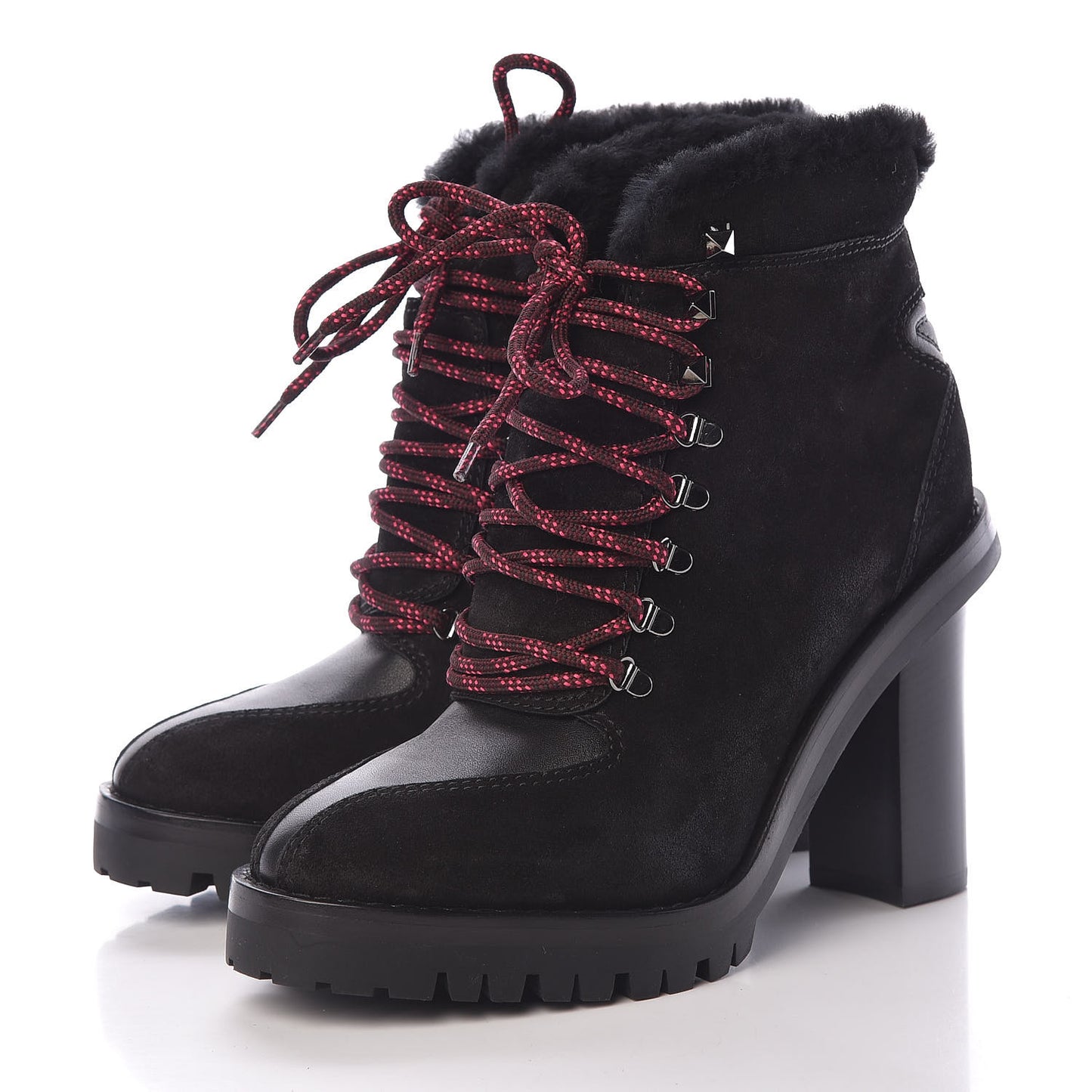Suede Shearling Rockstud Lace-Up Ankle Boots 39.5 Black