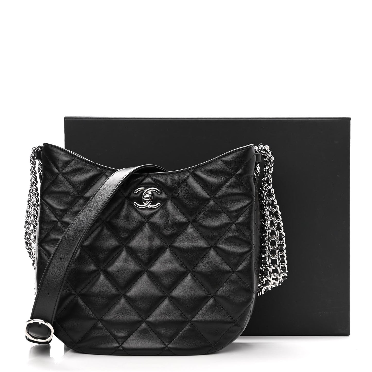 Lambskin Chain Rows Quilted Chain Hobo Black