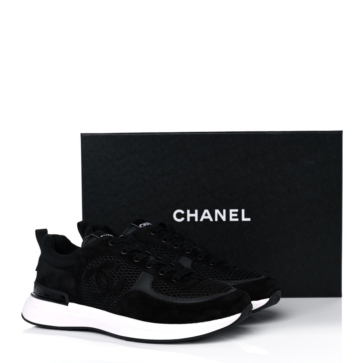 Chanel Calfskin Mesh Lycra Suede Womens Logo Sneakers 39.5 Black 9 of 9