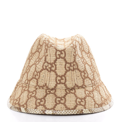 Gucci Raffia Elaphe GG Monogram Embroidered Basmaa Fedora Hat M Ivory Dark Brown 3 of 7