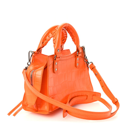 Balenciaga Semi Shiny Calfskin Crocodile Embossed Neo Classic Silver Hardware Mini City Orange 3 of 11