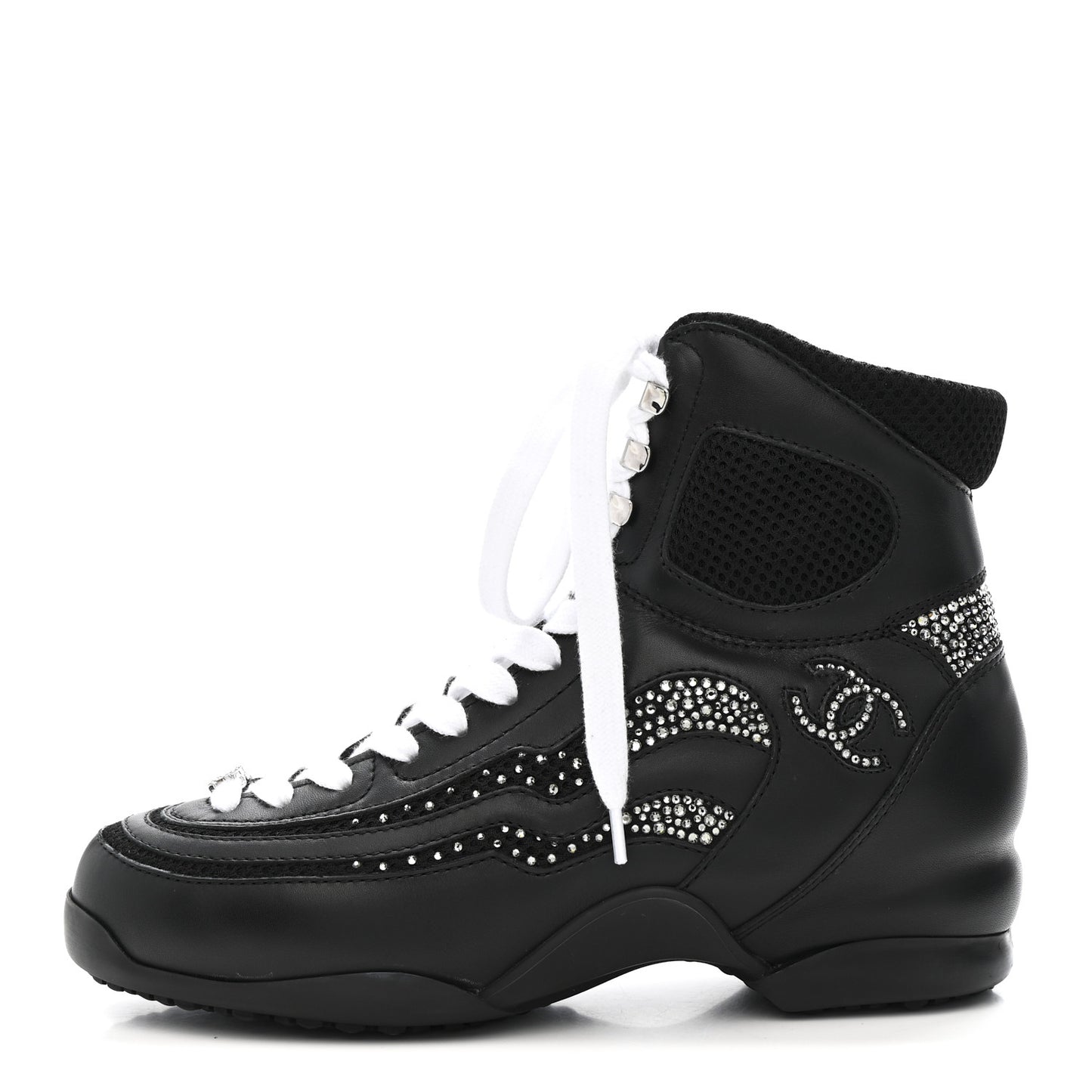 Calfskin Mesh Strass Womens CC Sneakers 37 Black Silver