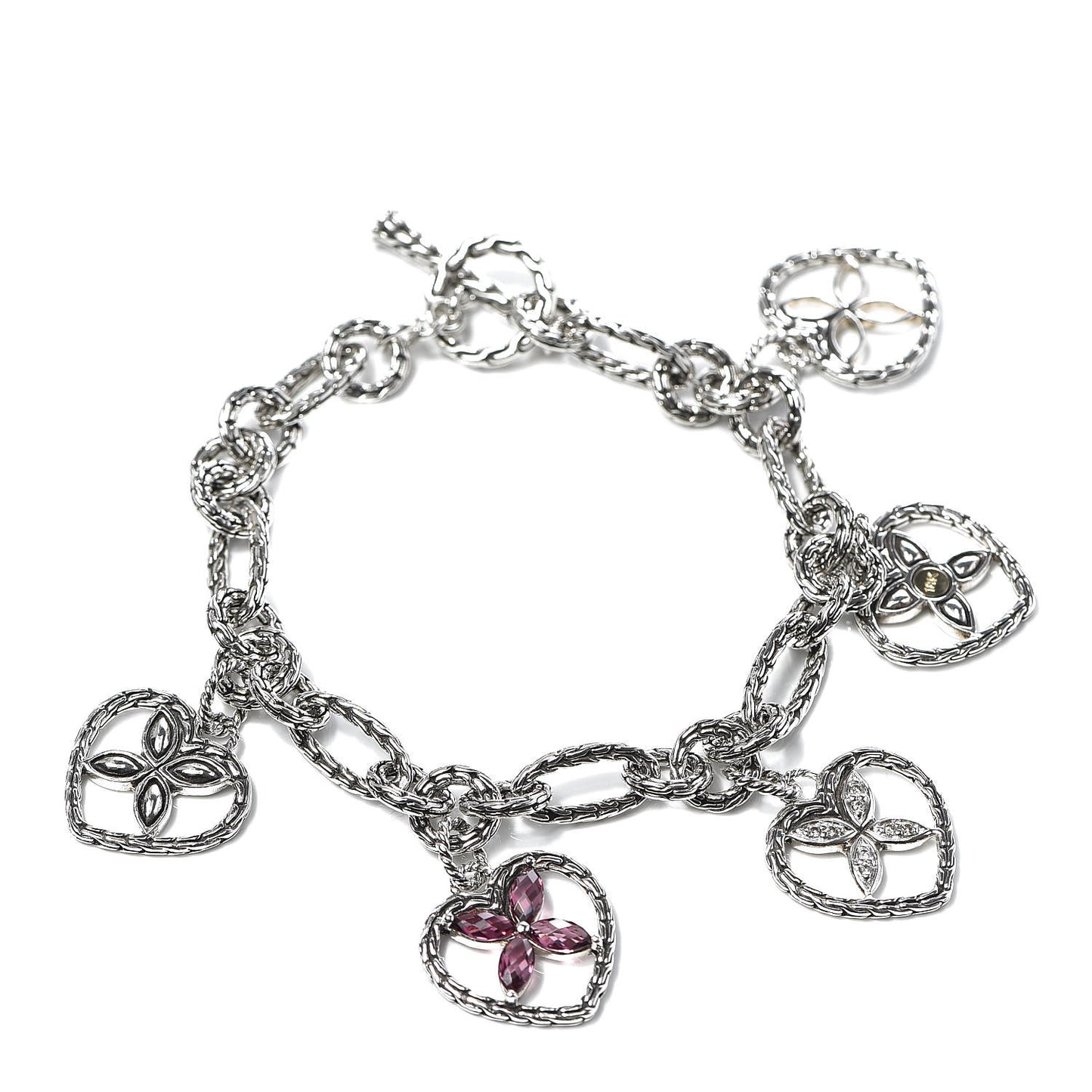 Sterling Silver 18K Yellow Gold Pink Sapphire Diamond Batu Kawung Heart Charm Bracelet