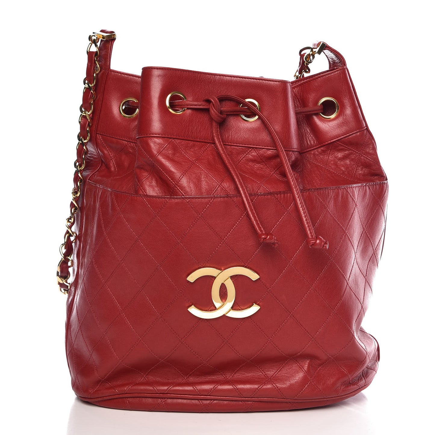 Lambskin Diamond Stitched CC Drawstring Shoulder Bag Red