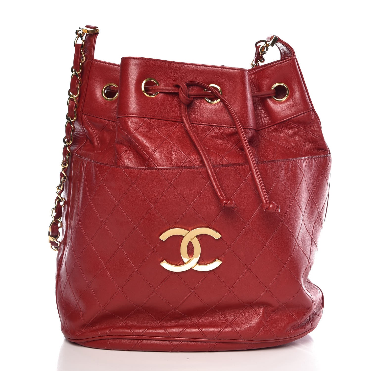 Chanel Lambskin Diamond Stitched CC Drawstring Shoulder Bag Red 3 of 13
