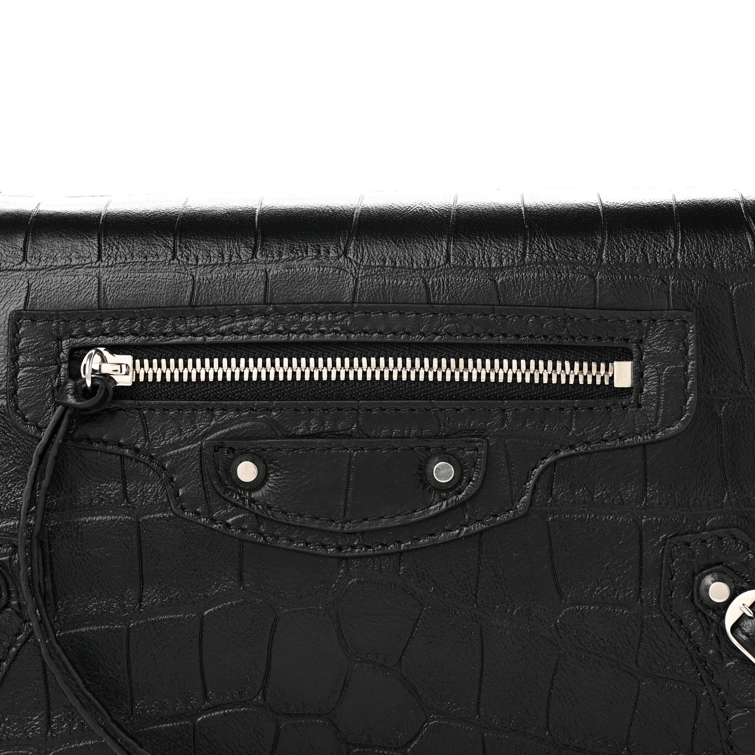 Balenciaga Crocodile Embossed Calfskin Classic Silver Hardware Le City Wallet On Chain Black 7 of 9