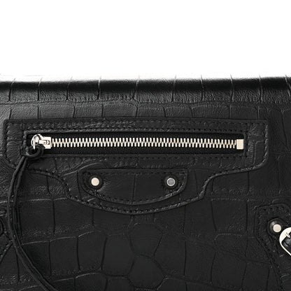 Balenciaga Crocodile Embossed Calfskin Classic Silver Hardware Le City Wallet On Chain Black 7 of 9
