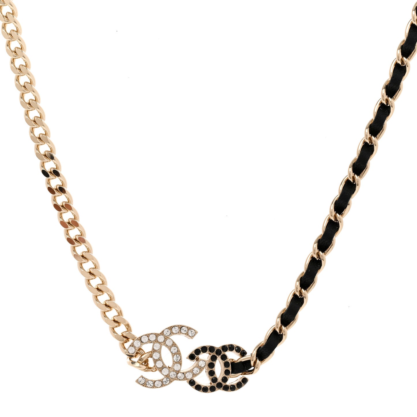 Metal Calfskin Crystal Double CC Short Necklace Black Gold