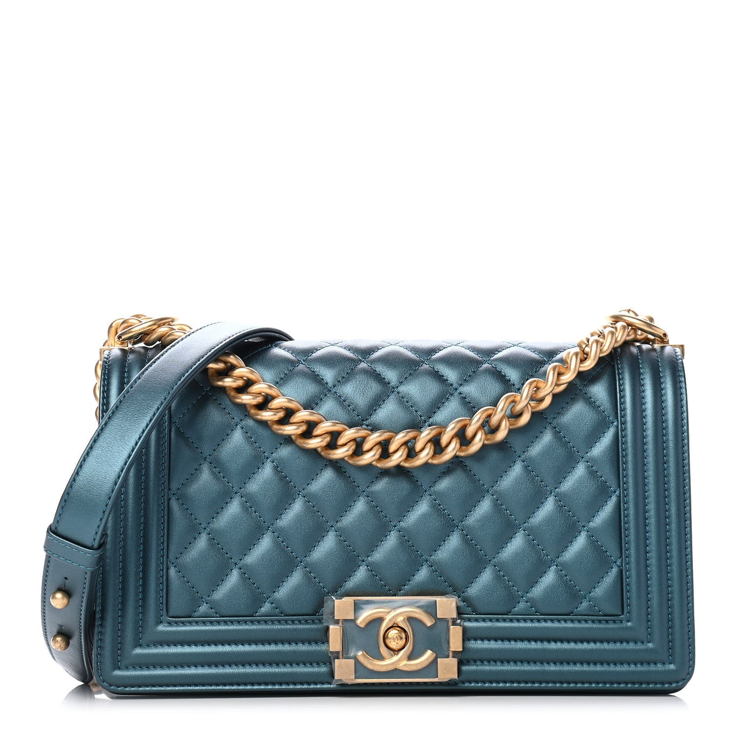 Metallic Calfskin Quilted Medium Boy Flap Blue