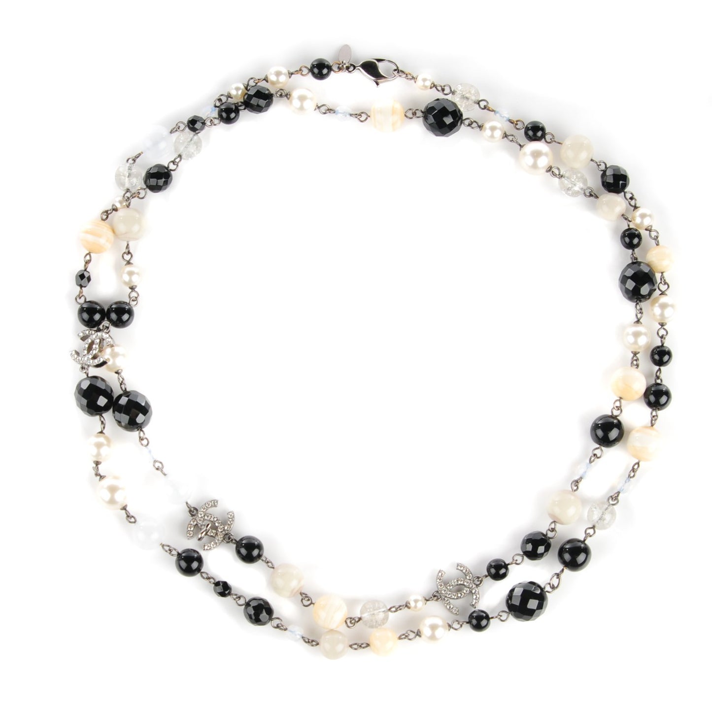 Pearl Beaded Crystal CC Long Necklace Black