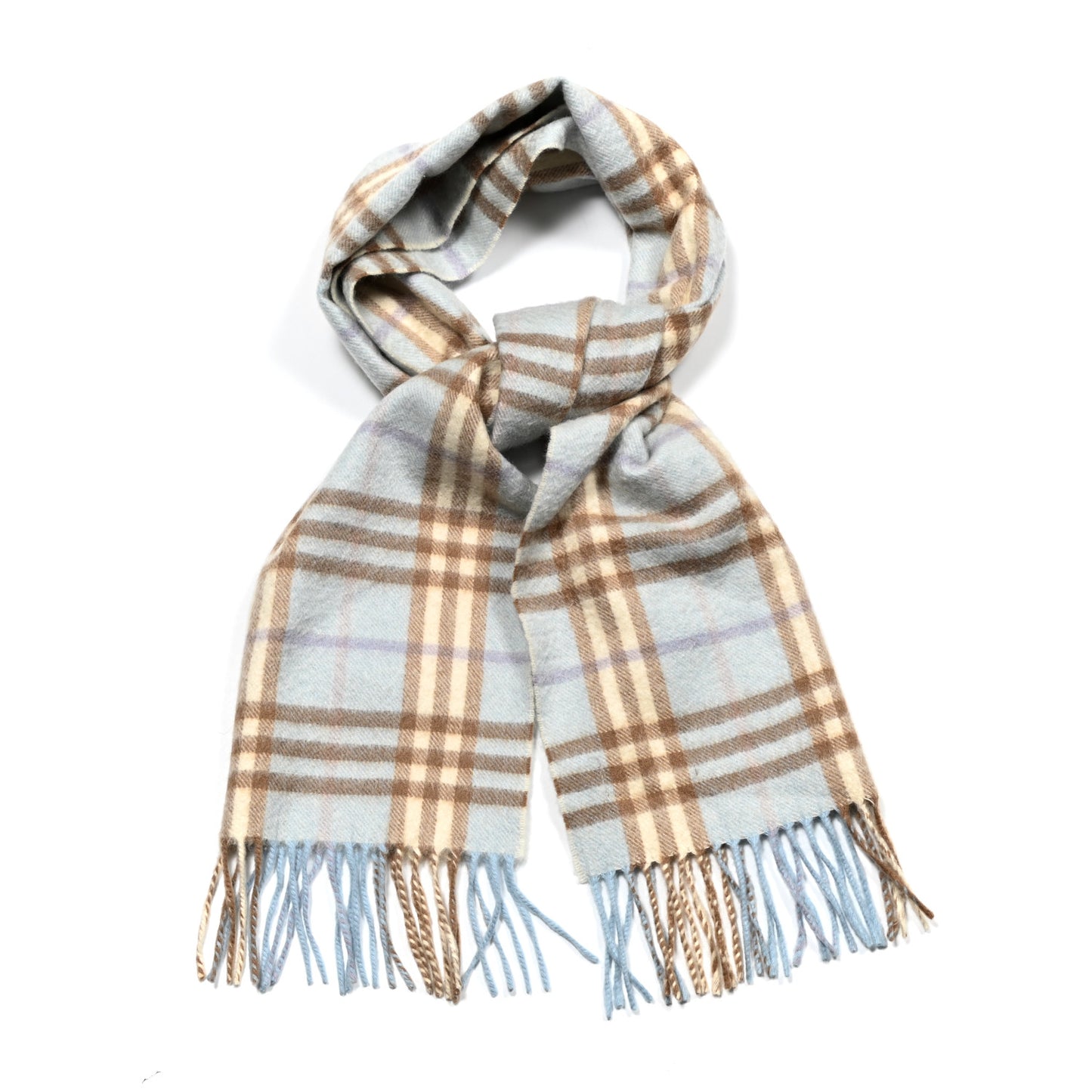 Cashmere Wool Check Fringe Scarf Light Blue