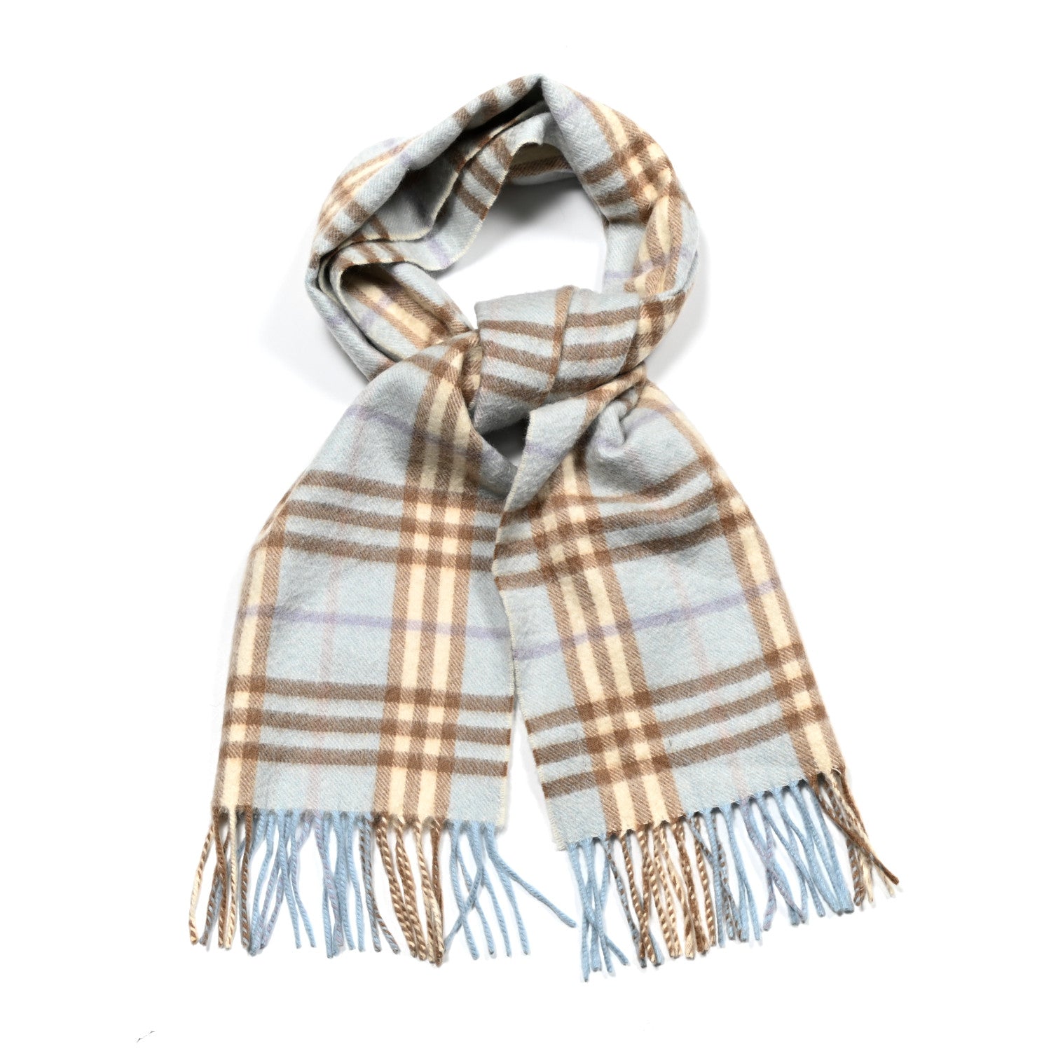 Burberry Cashmere Wool Check Fringe Scarf Light Blue 1 of 4