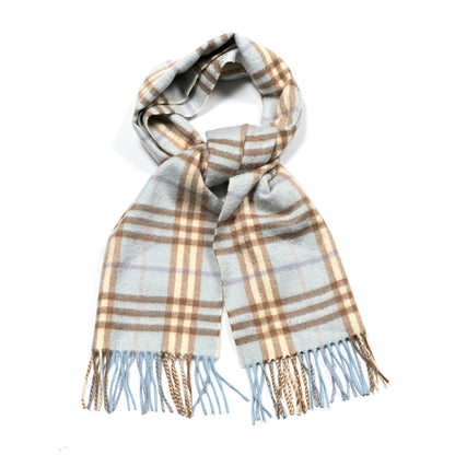 Burberry Cashmere Wool Check Fringe Scarf Light Blue 1 of 4