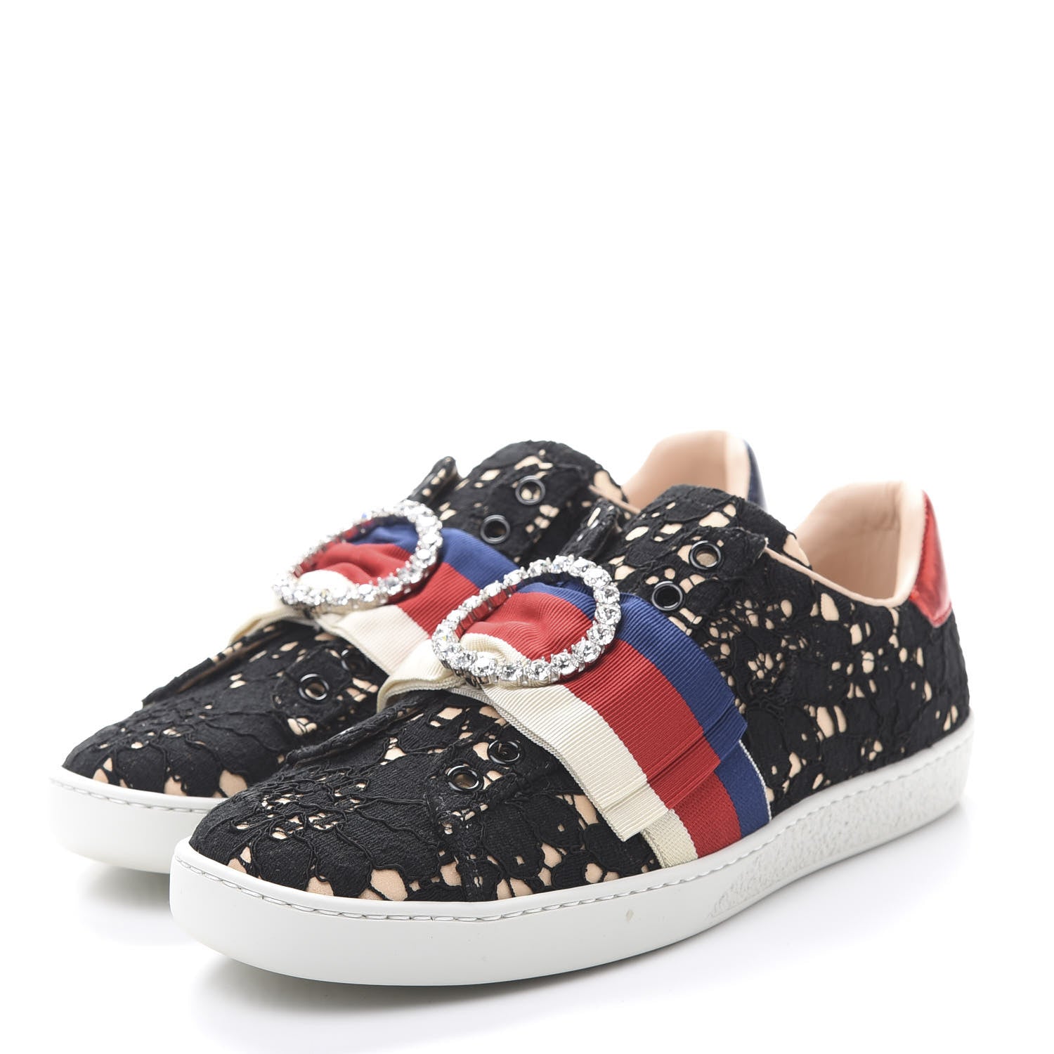 Gucci Lace Crystal Sylvie Web Flower Leaf Womens Ace Sneakers 35.5 Black Tan Beige 3 of 11