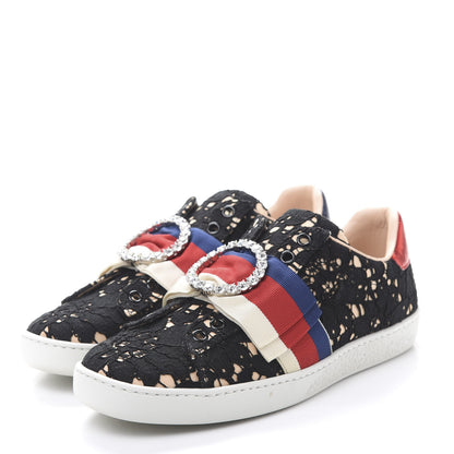 Gucci Lace Crystal Sylvie Web Flower Leaf Womens Ace Sneakers 35.5 Black Tan Beige 3 of 11