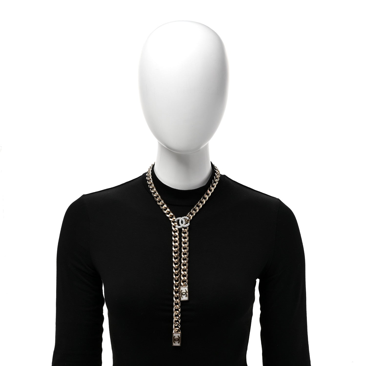 Chanel Chain Link Crystal CC Dog Tag Charm Necklace Gold 2 of 5