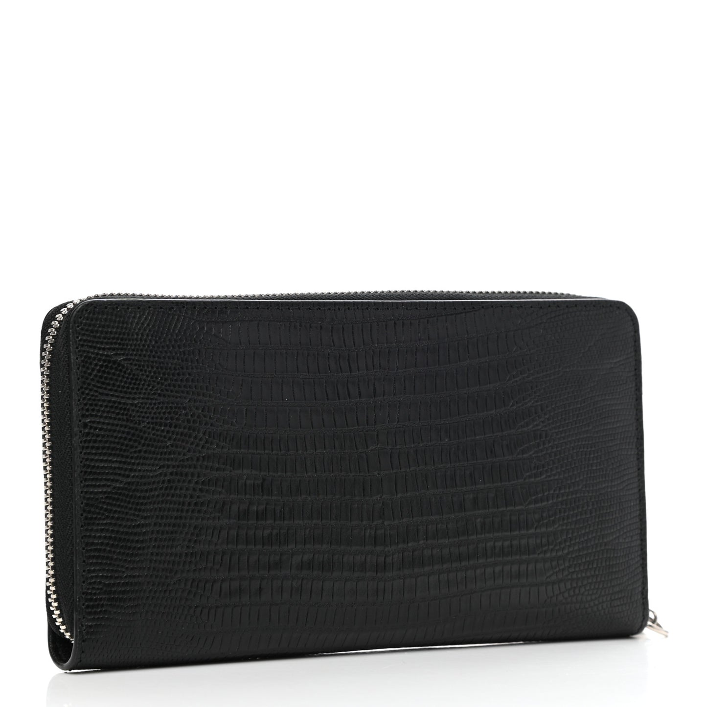 Calfskin Lizard Embossed Skull Continental Zip Wallet Black