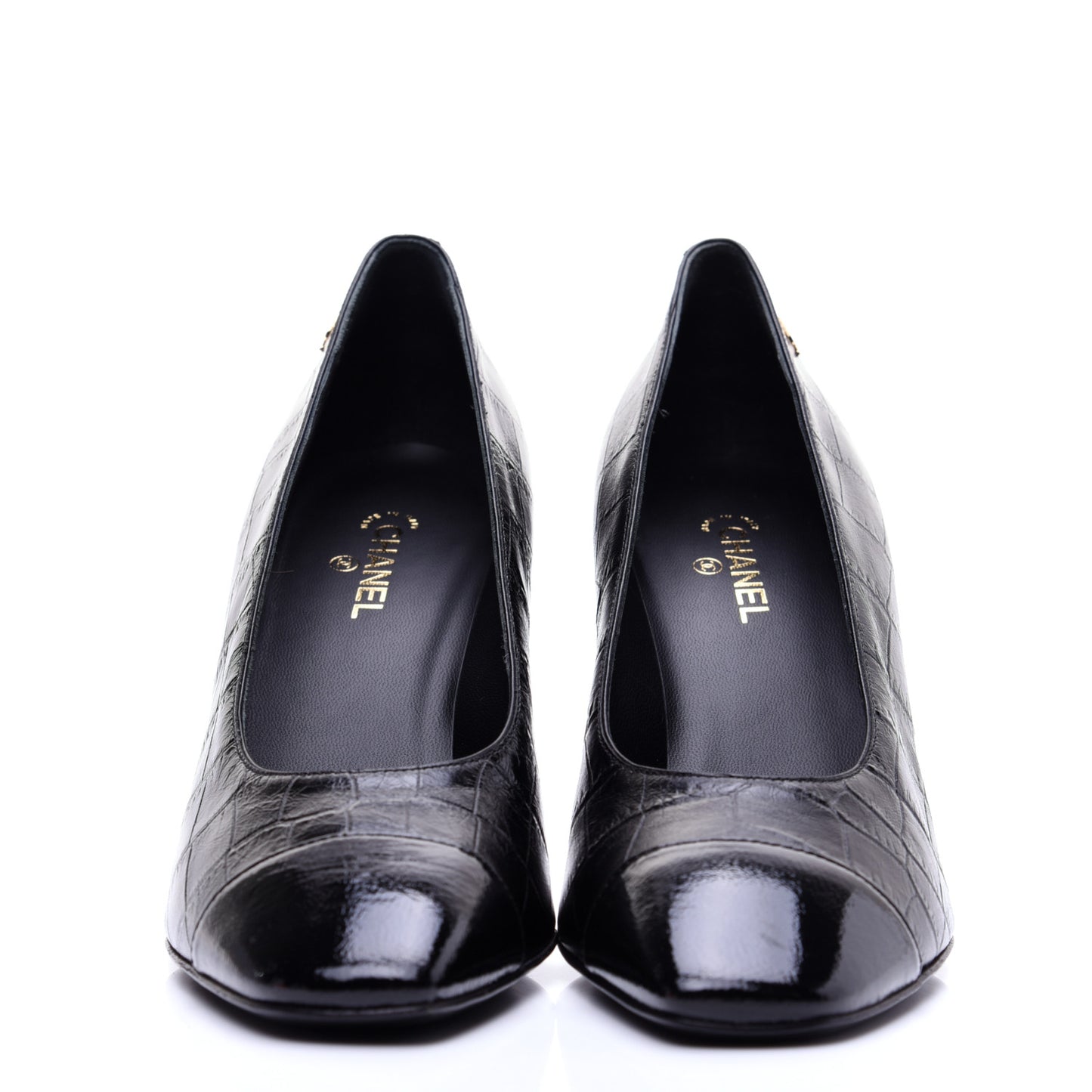 Crocodile Embossed Crumpled Patent Cap Toe Pumps 39.5 Black