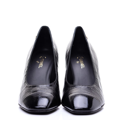 Chanel Crocodile Embossed Crumpled Patent Cap Toe Pumps 39.5 Black 2 of 13