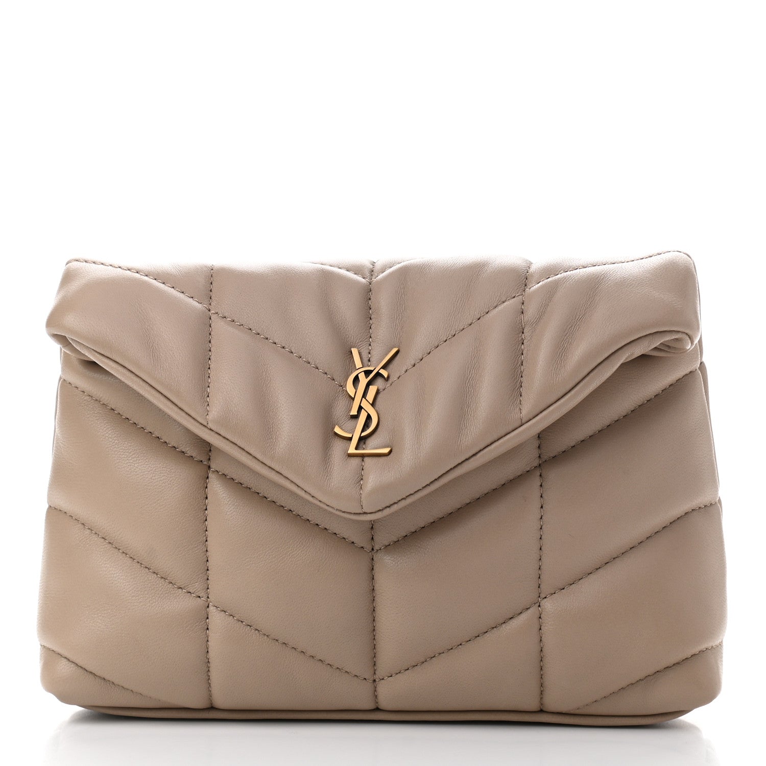 Saint Laurent Lambskin Monogram Loulou Puffer Pouch Clutch Dark Beige 2 of 11