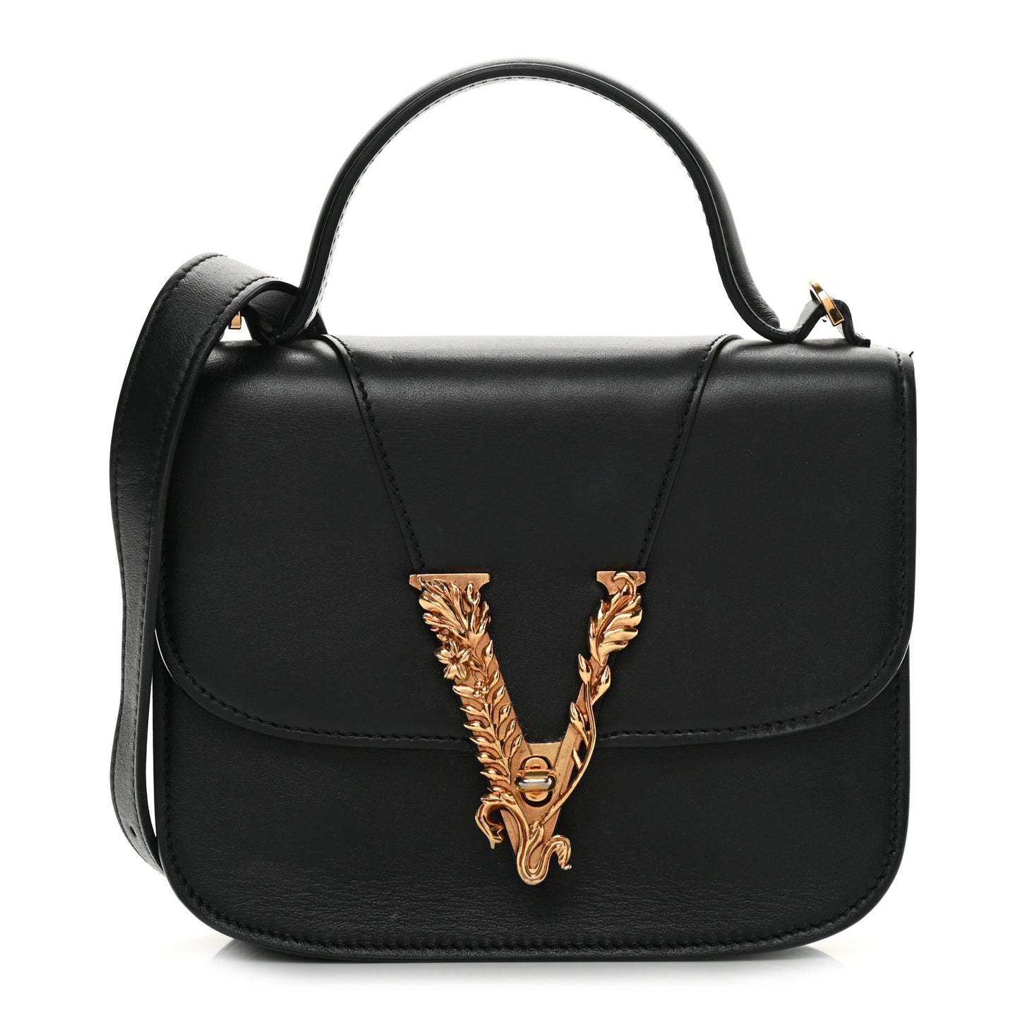 Vitello Barocco Virtus Small Top Handle Shoulder Bag Black