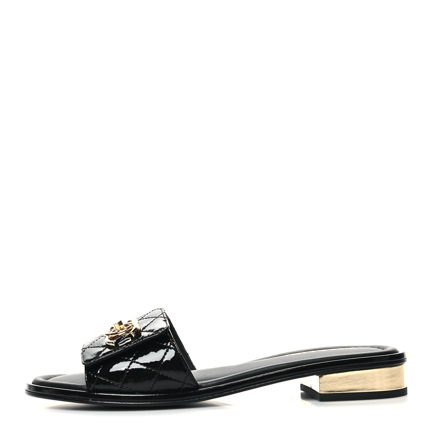 Patent Goatskin Quilted CC Mules Sandals 39 Black