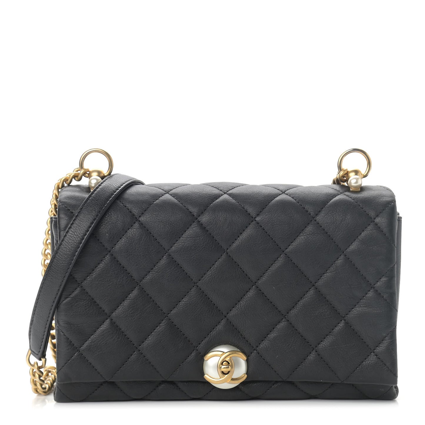 Calfskin Quilted Accordion Pearl CC Small Flap Bag Black