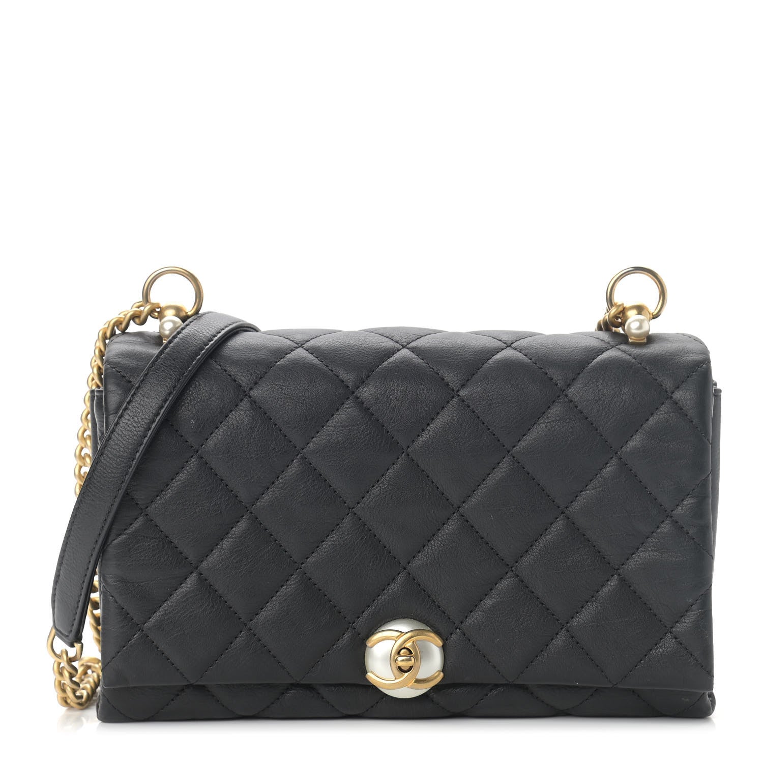 Chanel Calfskin Quilted Accordion Pearl CC Small Flap Bag Black 1 of 12