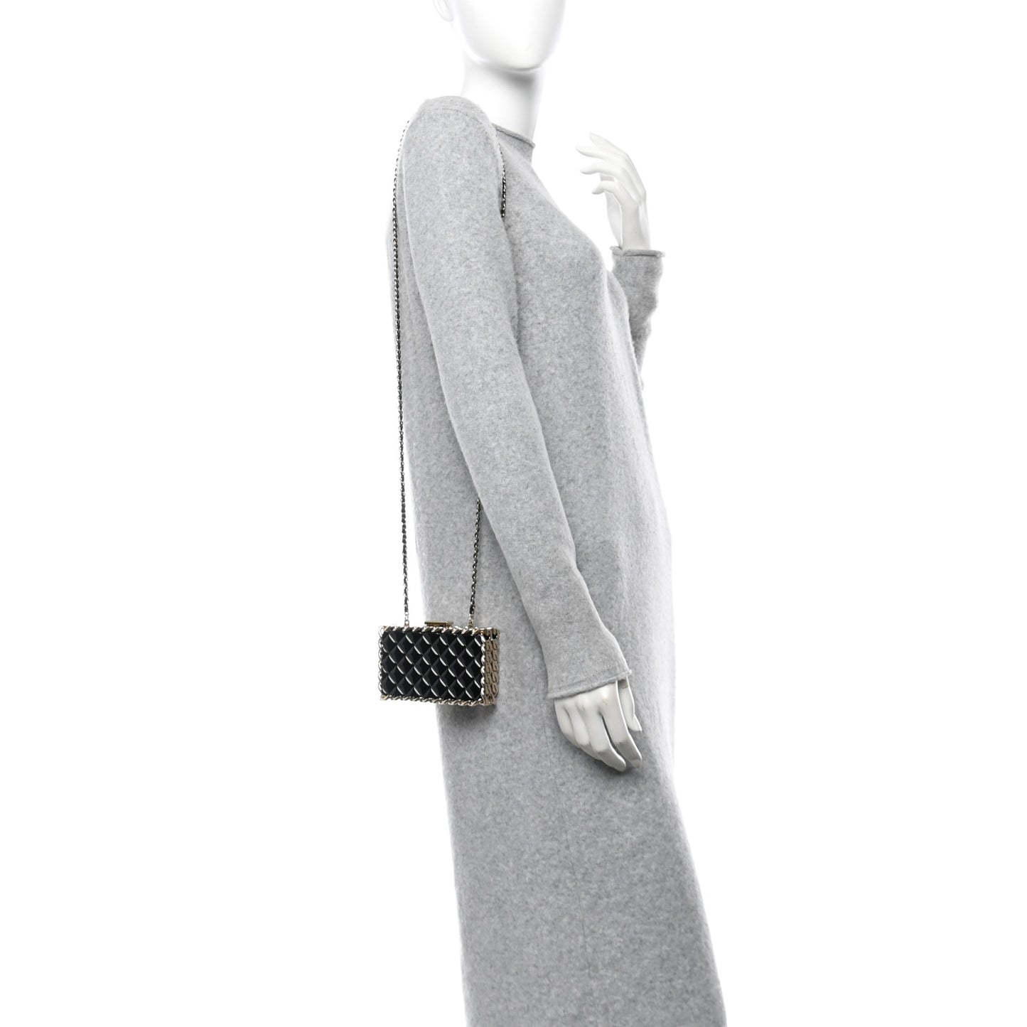 Plexiglass Quilted Chain Around Minaudiere Clutch Black